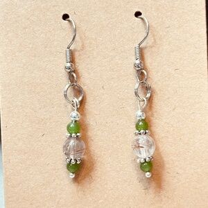 Stainless Steel Dangle Earrings w/Golden Rutilated Quartz & 2EACH JADE